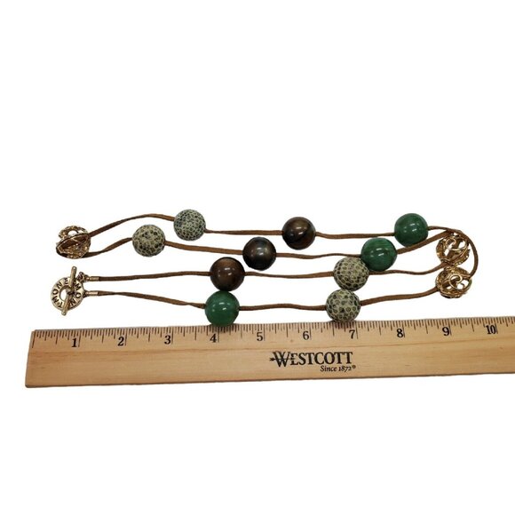 Vintage Signed Monet Set Necklace 38" Earrings 2" Green Bead Gold Tone Suede - Picture 10 of 12